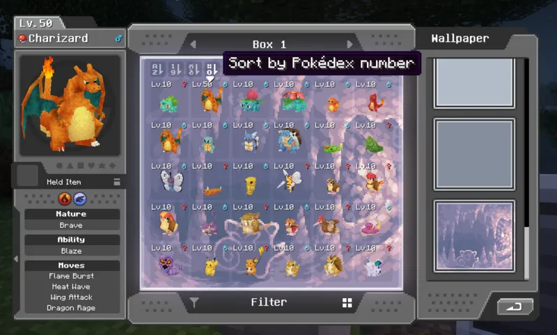 PC Screen in Cobblemon, showing Wallpaper options & filtering