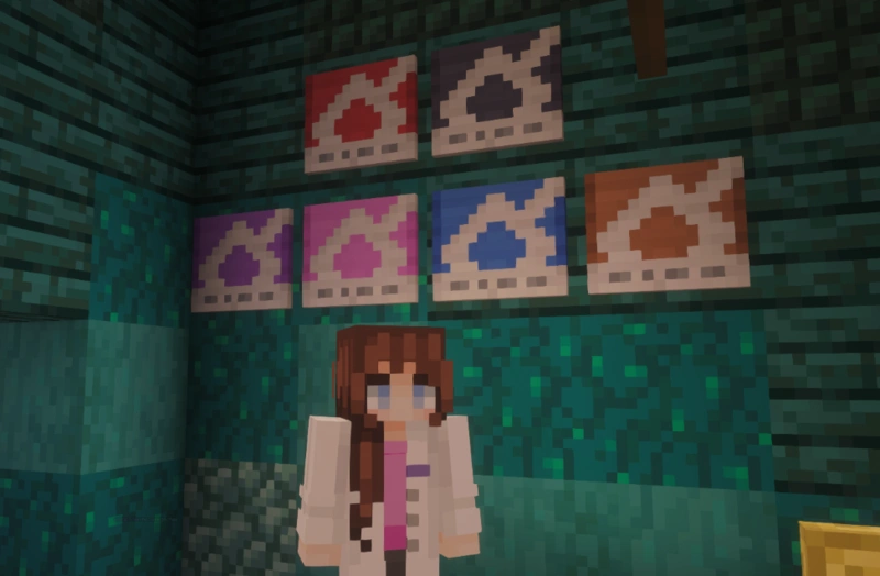 A Cobblemon Professor standing next to some Plaques